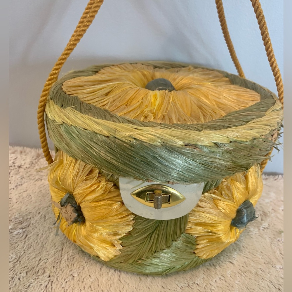 Rare Sunflower All Embroidered Raffia Bag 1960's Design - NWOT
